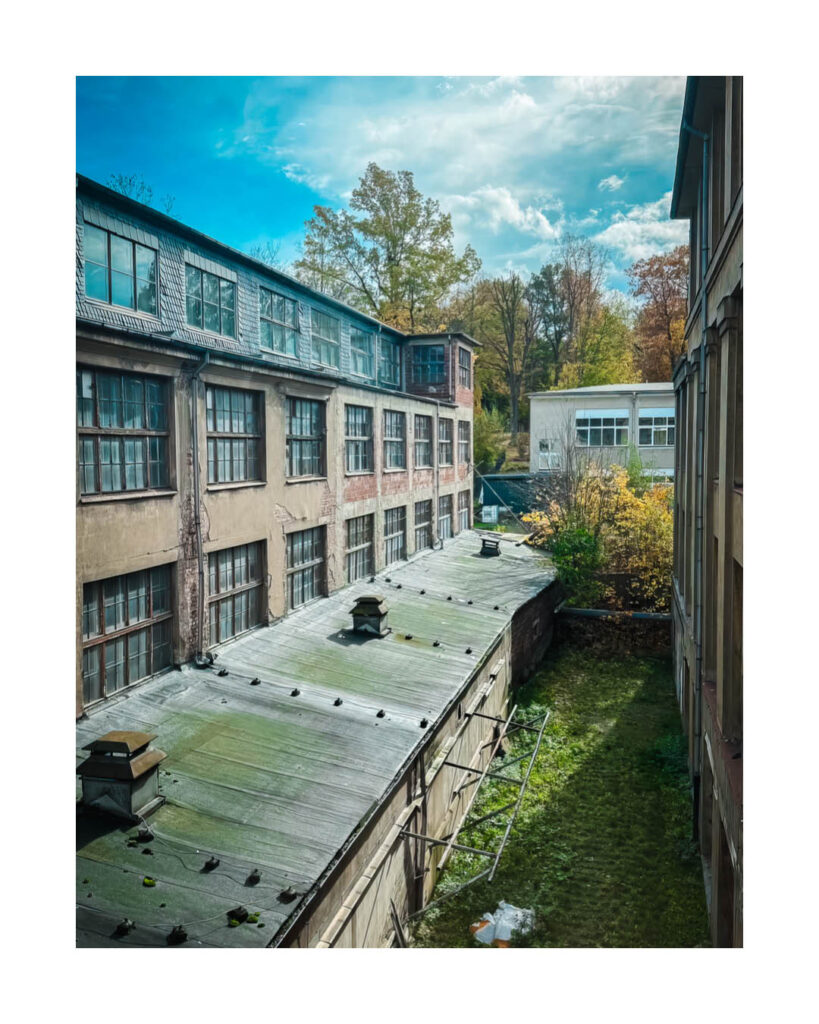 Außenansicht der Rückseite des Rogo-Werks mit einer langen, niedrigen Dachfläche, sanierungsbedürftigen Fenstern und einem grünen Innenhof mit Bäumen im Herbst.