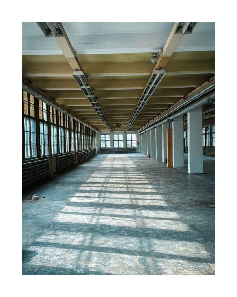 Innenansicht einer großen, leeren Fabrikhalle des Rogo-Werks, die durch lange Fensterreihen erhellt wird, wobei die Sonnenstrahlen lange Schatten auf den Boden werfen.