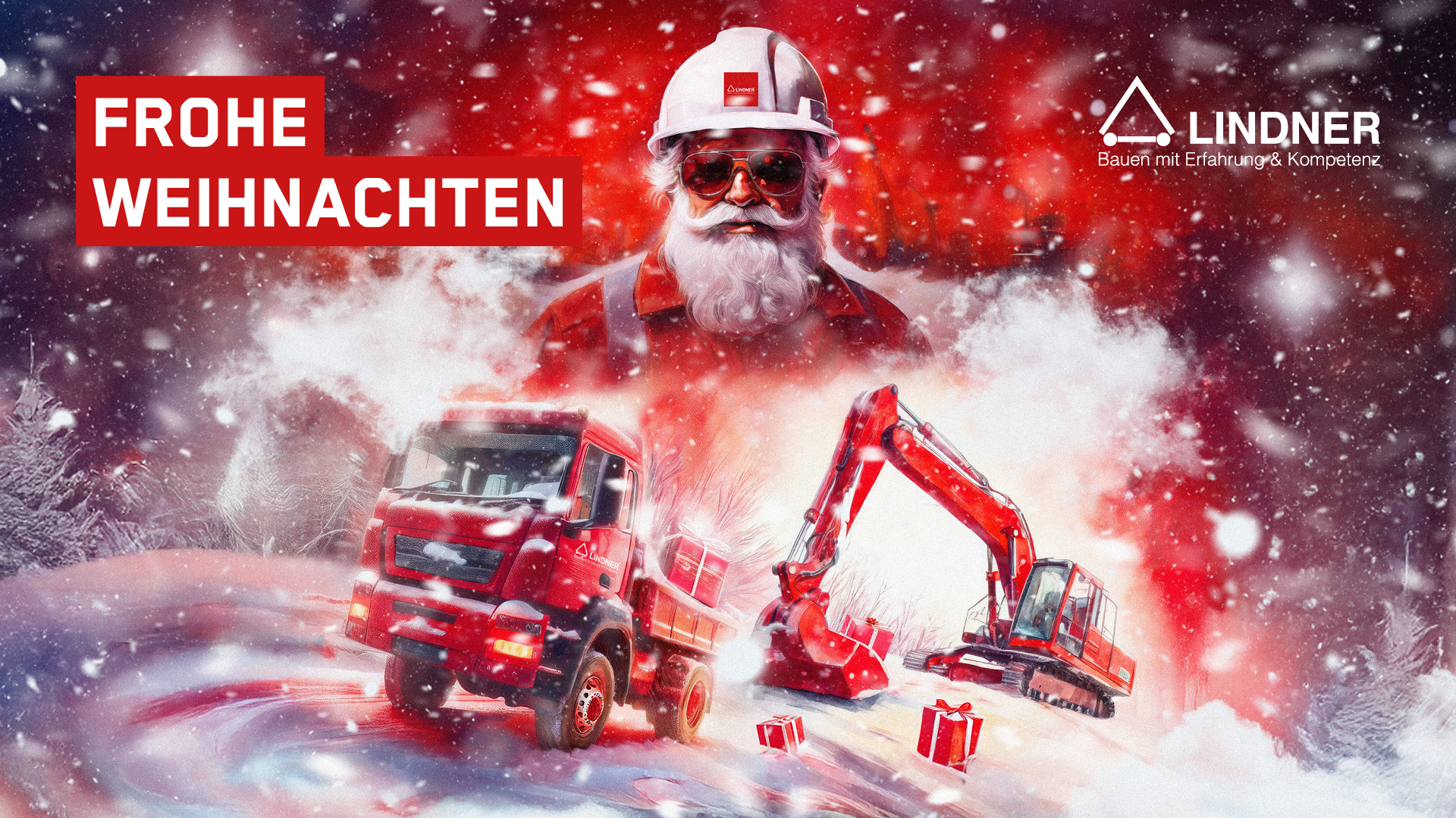 Weihnachtliche Illustration der Lindner Bau GmbH mit einem modernen Weihnachtsmann im Bauarbeiter-Look mit weißem Helm und Sonnenbrille vor rotem Hintergrund mit Schneefall. Im Vordergrund ein roter LKW und ein Bagger im Schnee mit Geschenken sowie der Schriftzug Frohe Weihnachten.