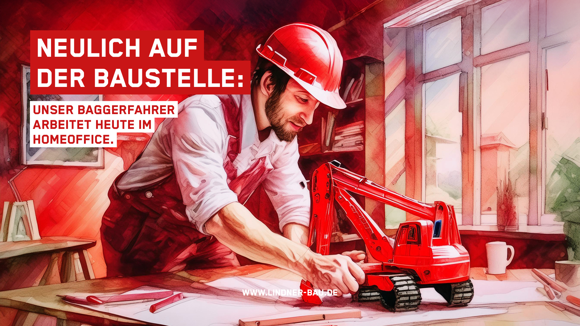 Illustration eines Bauarbeiters mit rotem Helm im Homeoffice, der am Schreibtisch mit einem kleinen roten Spielzeugbagger auf Bauplänen arbeitet.