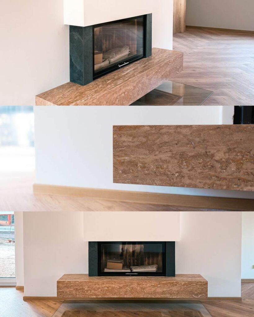 Detailaufnahme eines modernen Design-Kamins mit Naturstein-Einfassung und schwebendem Steinsims.