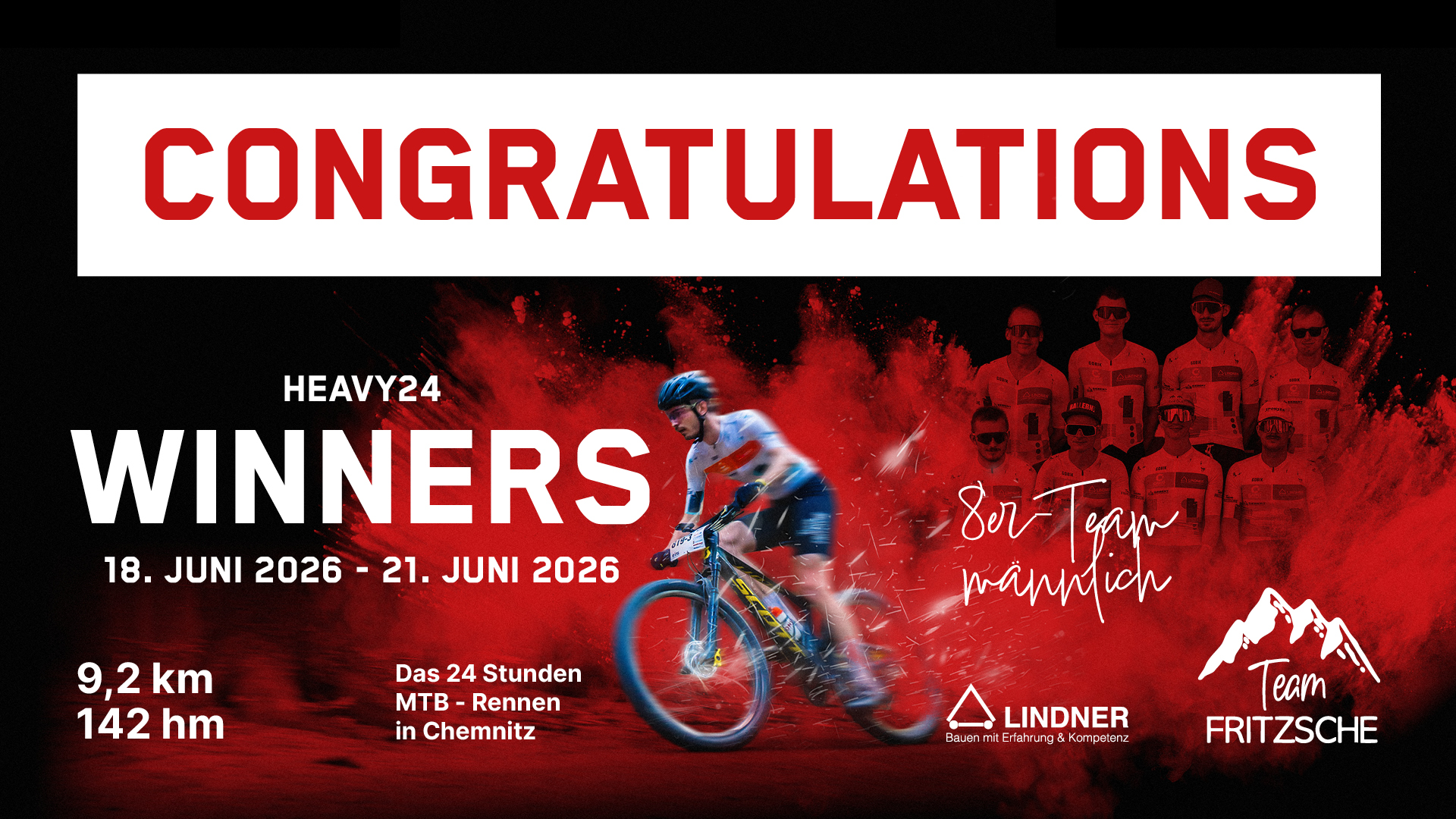 Heavy24 Siegerplakat 2026 für das 8er-Team männlich vom Team Fritzsche und Lindner Bau beim 24-Stunden-MTB-Rennen in Chemnitz