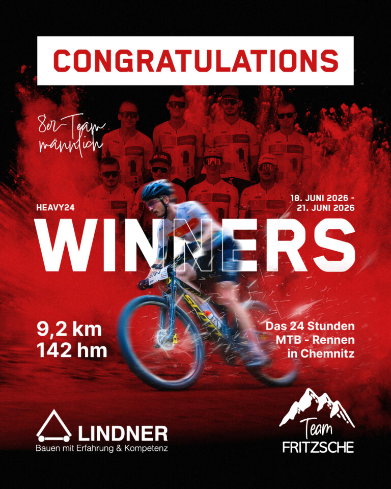 Heavy24 Siegerplakat 2026 für das 8er-Team männlich vom Team Fritzsche und Lindner Bau beim 24-Stunden-MTB-Rennen in Chemnitz