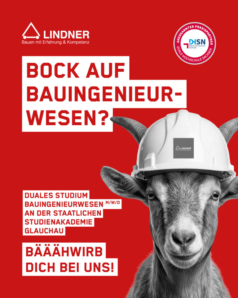 Werbeplakat für ein duales Studium im Bauingenieurwesen bei Lindner mit dem humorvollen Slogan „Bock auf Bauingenieurwesen?“ und dem Bild einer Ziege mit weißem Bauhelm auf rotem Hintergrund.