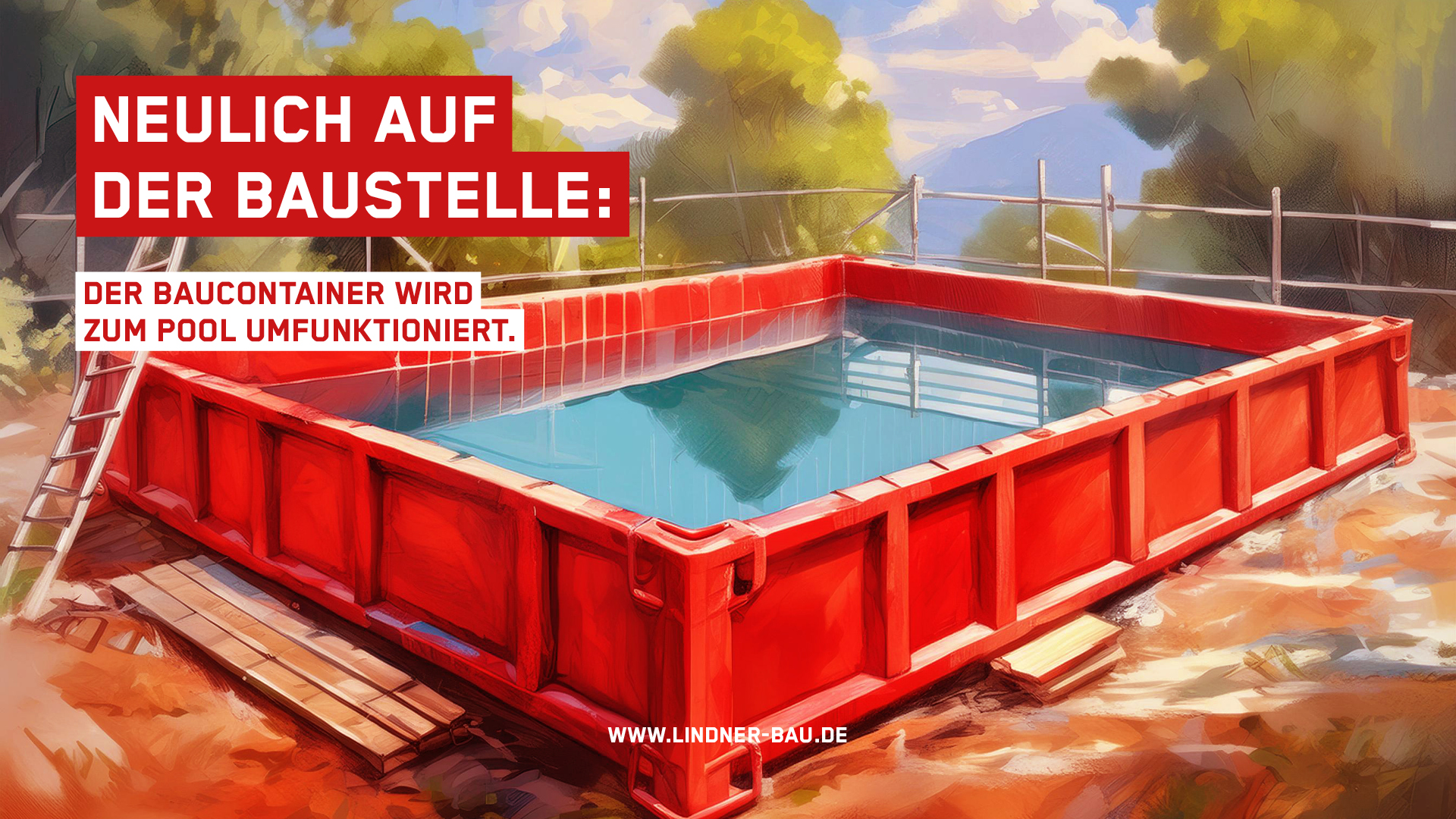 Ein digital gerendertes Bild eines roten Baucontainers, der in einen Pool umgewandelt wurde. Er ist mit Wasser gefüllt und hat eine Holzterrasse. Im Hintergrund sieht man Bäume und einen Zaun. Der Text "NEULICH AUF DER BAUSTELLE: DER BAUCONTAINER WIRD ZUM POOL UMFUNKTIONIERT." und der Link "WWW.LINDNER-BAU.DE" sind gut sichtbar.