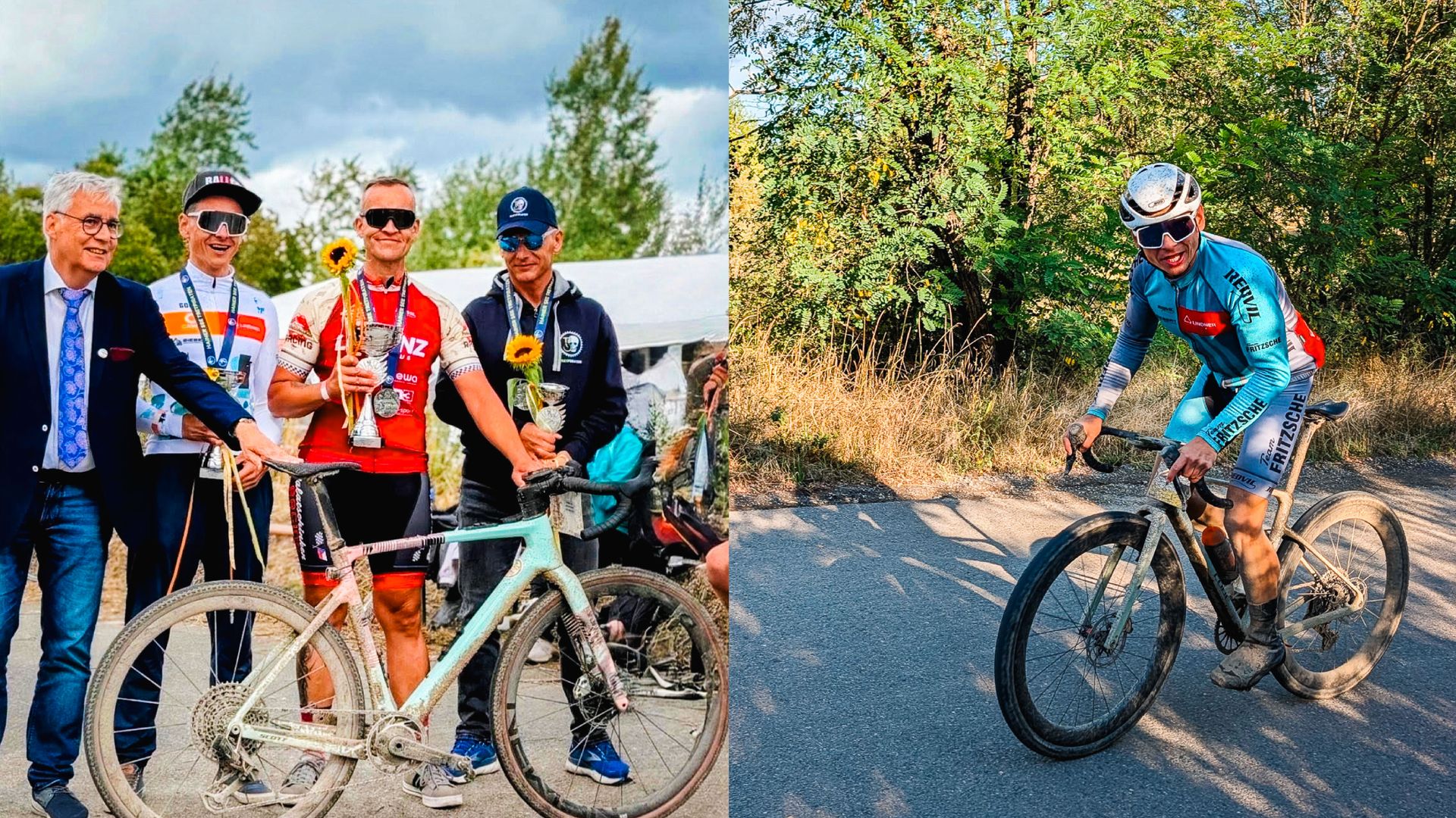 Zweiteilige Fotomontage: Links eine Siegerehrung mit vier Männern im Freien (Medaillen, Sonnenblumen, Schmutz am Fahrrad), rechts ein lachender Radsportler in blauer Team-Fritzsche-Ausrüstung auf einem Rennrad vor Waldkulisse.