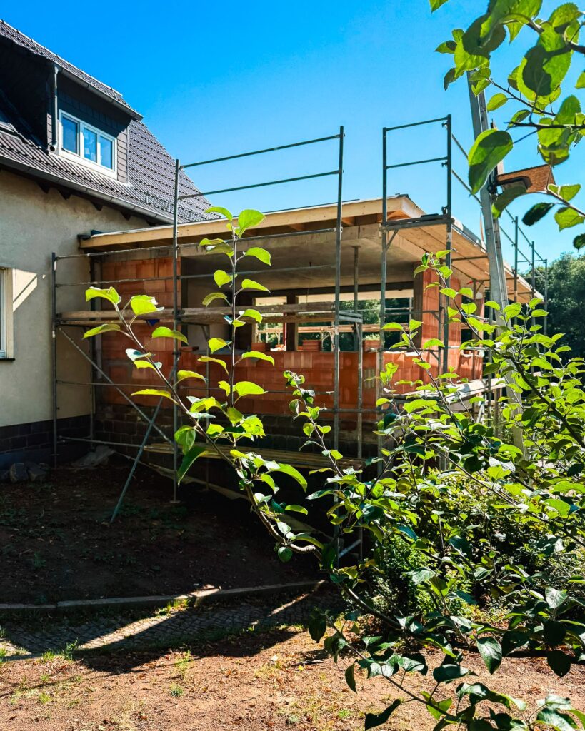 Blick auf den Hausanbau und das Gerüst aus leicht verdeckter Perspektive durch grüne Baumblätter im Vordergrund.